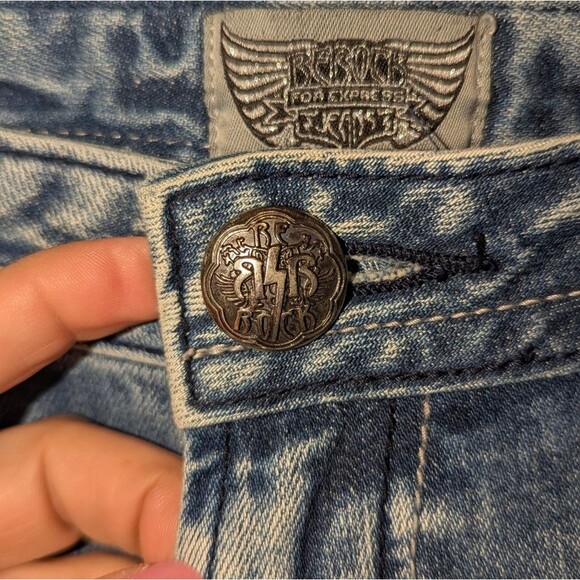 Vintage Rerock For Express Women's Size 8 y2k Blue Distressed Flare Jeans - Picture 3 of 6